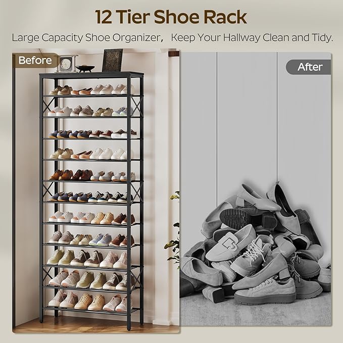 12 Tier Shoe Rack, Large Capacity Shoe Storage Organizer Holds 48 Pairs, Sturdy and Stable, for Entryway, Hallway, Closet, Dorm Room, Black SS12BB