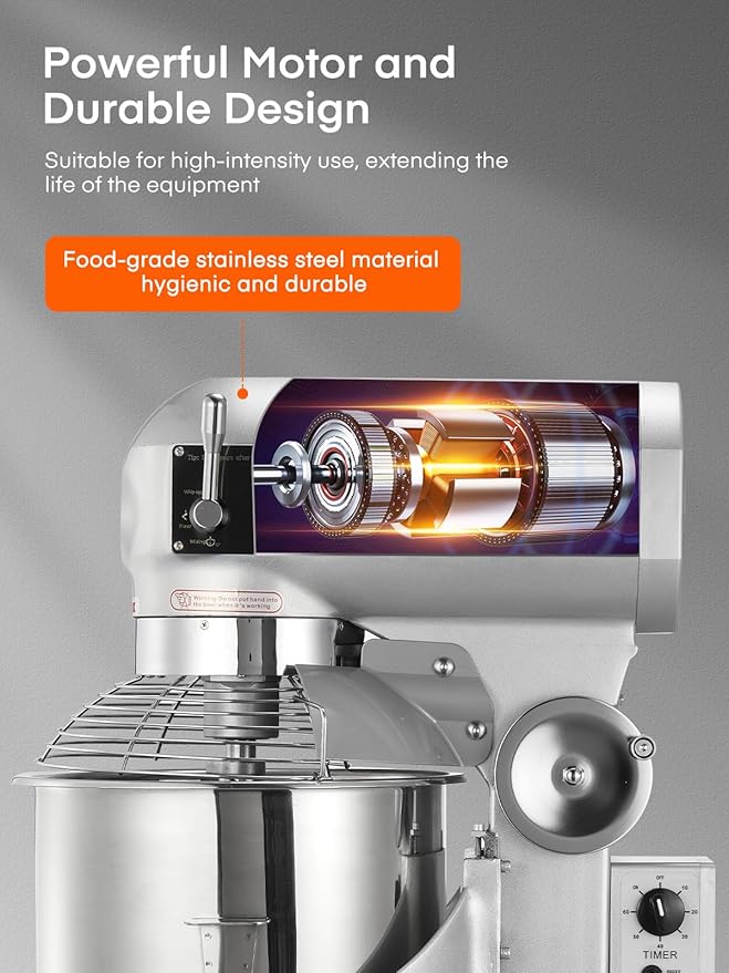 Commercial Mixer, 15/30QT Commercial Food Mixer, Dough Mixer with Stainless Steel Bowl, 3 Speeds Adjustable and Safety Guard, Dough Hook Whisk Beater Included, Ideal for Bakery Pizzeria (30QT)