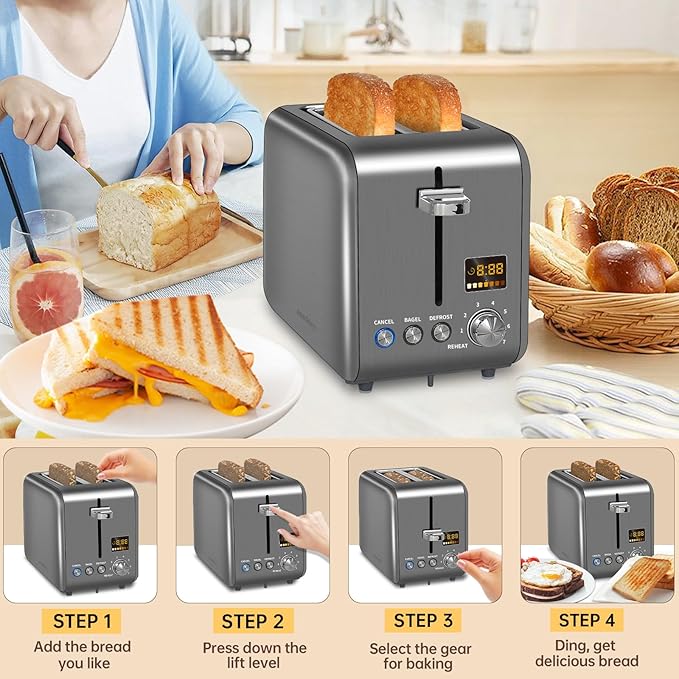 SEEDEEM Toaster 2 Slice, Stainless Steel Bread Toaster LCD Display, 7 Shade Setting, 1.4'' Wide Slots, Bagel/Defrost/Reheat Functions, Removable Crumb Tray, 900W, Dark Metallic