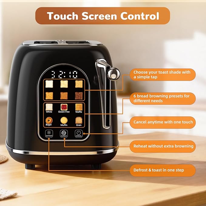 Mecity Toaster 2 Slice, Touch Screen Wide Slot Retro Toaster For Breads Bagel Muffin Waffle, House Warming Gift New Home, 120V 825W, Jet Black