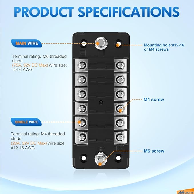 Nilight 6 Way Fuse Block with Negative Bus 12V Blade Fuse Holder ATC/ATO Standard Fuse Box Label Stickers Waterproof Cover Fuse Panel for Automotive Cars Trucks RVs Campers Vans, 2 Years Warranty