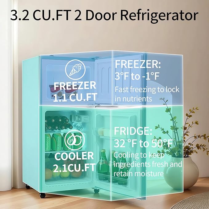 Anukis 3.2 Cu.Ft Retro Refrigerator with Freezer, 2 Door Mini Fridge with Adjustable Thermostat,Small Refrigerator for Apartment, Dorm, Office, Family, Basement, Garage (Mint Blue)