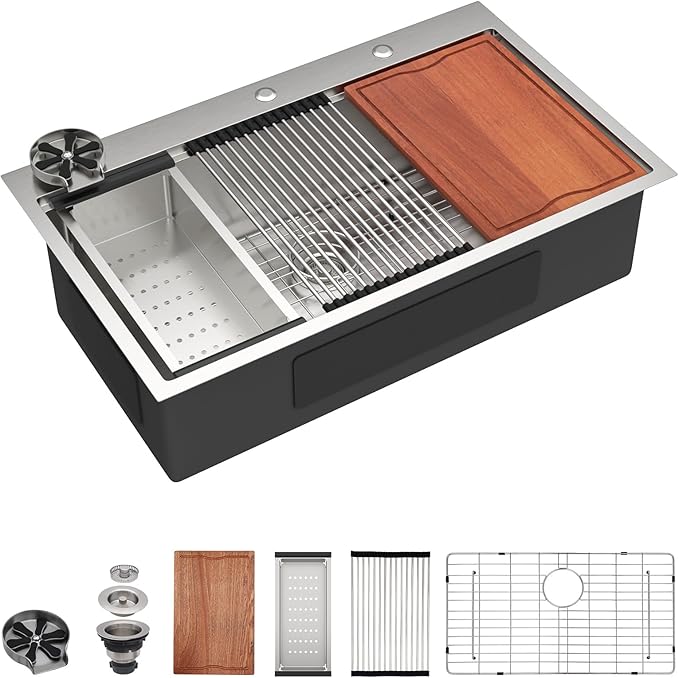 Dcolora 33x22 Workstation Kitchen Sink with Cup Washer, Drop In Luxury Large Single Bowl, 304 Stainless Steel Heavy Duty 16 Gauge, 5 In 1 Valued Accessories #DC-TW258006S