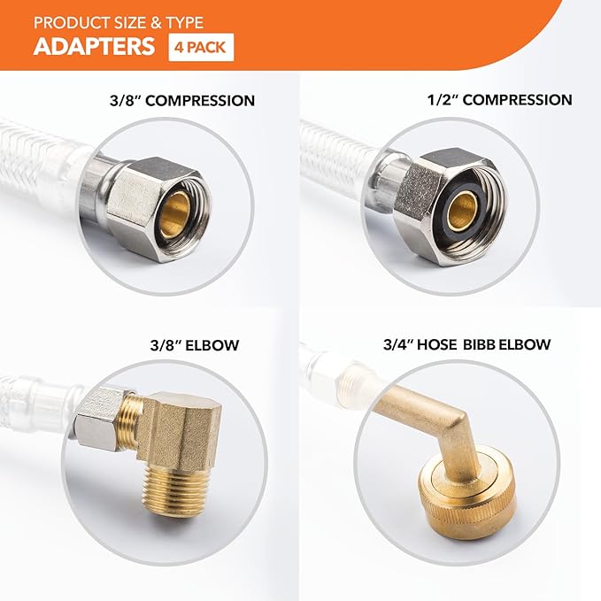 Universal Dishwasher Installation Kit, 3/8" Compression, 5ft long Braided Stainless Steel Hose + 3/4" Hose Bibb Elbow + 3/8" Compression Elbow & Compression Adaptor + 1/2" Compression Adaptor