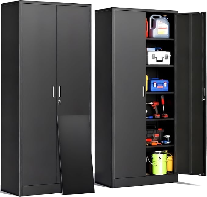 CJF Metal Storage Cabinet, 72" H Locking Storage Cabinet with Adjustable Shelves, Steel Cabinets for Garage, Office, Home, School-Black