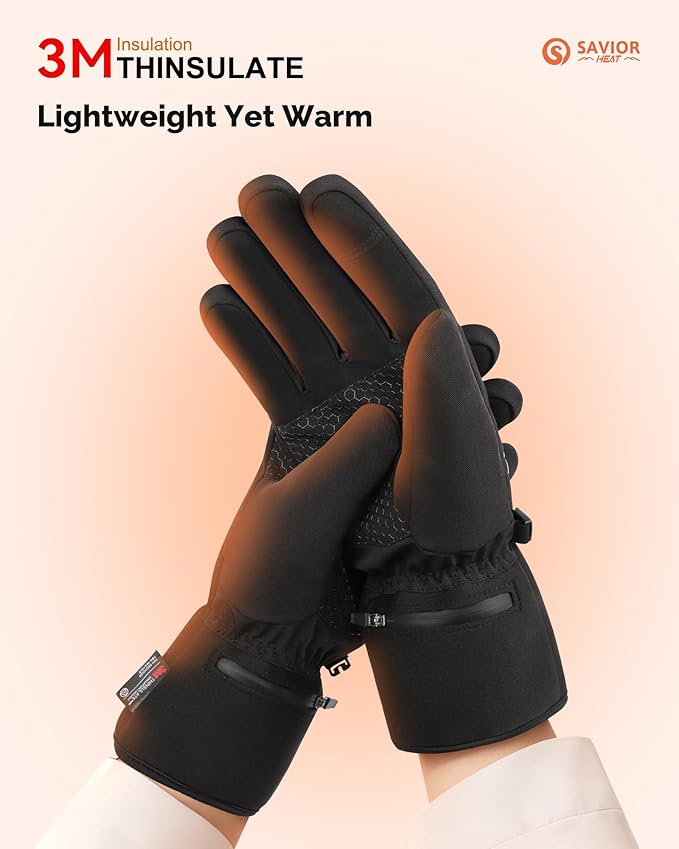 SAVIOR HEAT Rechargeable Heated Gloves for Men & Women – 3M Thinsulate Warmth Winter Electric Glove with Long Battery Life (Up to 10 Hours), Waterproof Heated Gloves for Cold Weather Hiking, Driving