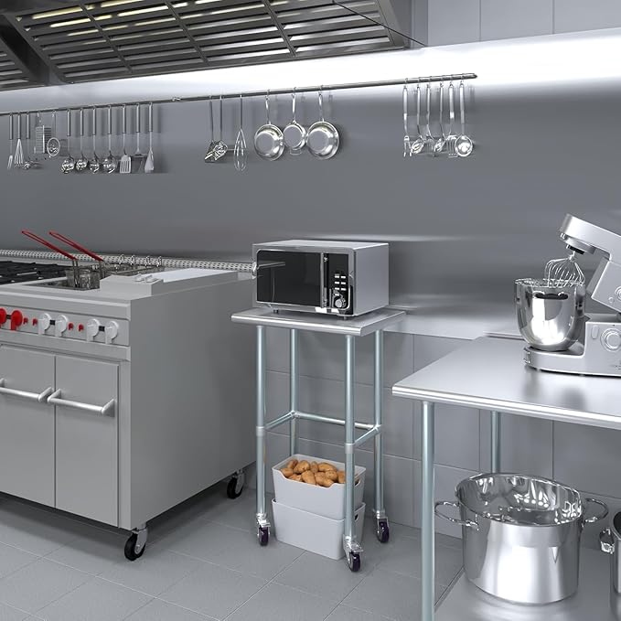 Stainless Steel Work Table Open Base & Wheels | Work Station | Metal Work Bench (Stainless Steel Work Table Open Base + Casters) (24" Long x 18" Deep)