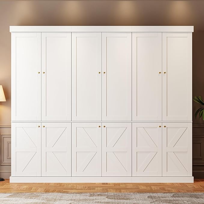 70.8" Tall Farmhouse Kitchen Pantry Cabinet with Doors, Modular Wooden Storage Hutch with 4-Tier Adjustable Shelves, White Buffet Cabinet for Kitchen and Living Room, Set of 3