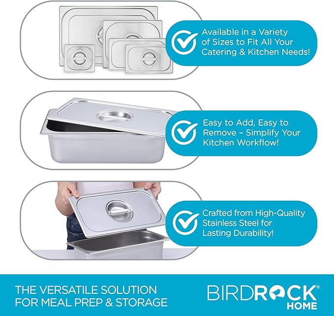 BIRDROCK HOME Stainless Steel Steam Table Pan Lids - Restaurant and Catering Supplies - 24 Gauge Steel - Perfect for Meal Prep, Cooking, and Food Storage Container - 6 Pack, Fits 1/3-Size Hotel Pans
