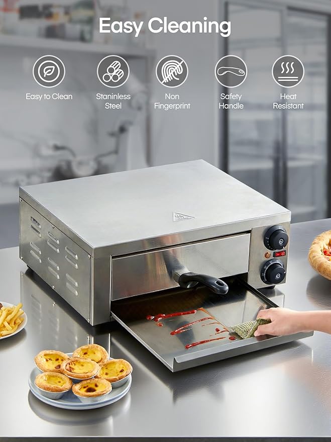 Commercial Pizza Oven, 12 Inch Pizza Oven Indoor with 662°F Max Temp, Electric Pizza Cooker with Alert Timer, 1800W Stainless Steel Pizza-Maker Machine, for Restaurant, Home, Party, Silver