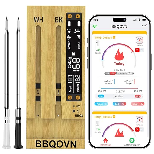 WiFi Sub-1G Wireless Meat Thermometer Unlimited Range 7 NIST Certified Sensors with Ambient Temp 2 Temp Monitoring Ways Digital Smart Base and App for BBQ, Smoker, Grill, Oven (2, black, small)