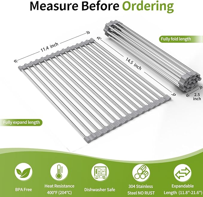 Foldable Over Sink Dish Drying Rack - Stainless Steel Sink Drain Rack with Silicone Edges, Roll-Up Storage for Kitchen, RV, Dorm Sinks (14.5×11.4in)
