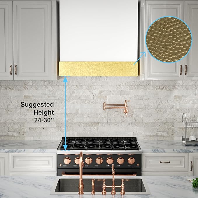 Akicon Range Hood 36 Inch, Stainless Steel Ducted Kitchen Hood with Powerful Motor, Wall Mount Modern Box, 36W X 30H X 14D Inch, AK-HS36HA-SWG (Signal White with Gold)
