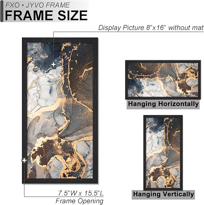 Engineered Wood 8x16 Picture Frame Set of 3, Black Frame for 8 x 16 Inch Picture Poster Photo, Light Weight 8 by 16 Frame with Wood-grain for Wall - 3 Pack/Black/8"x16"