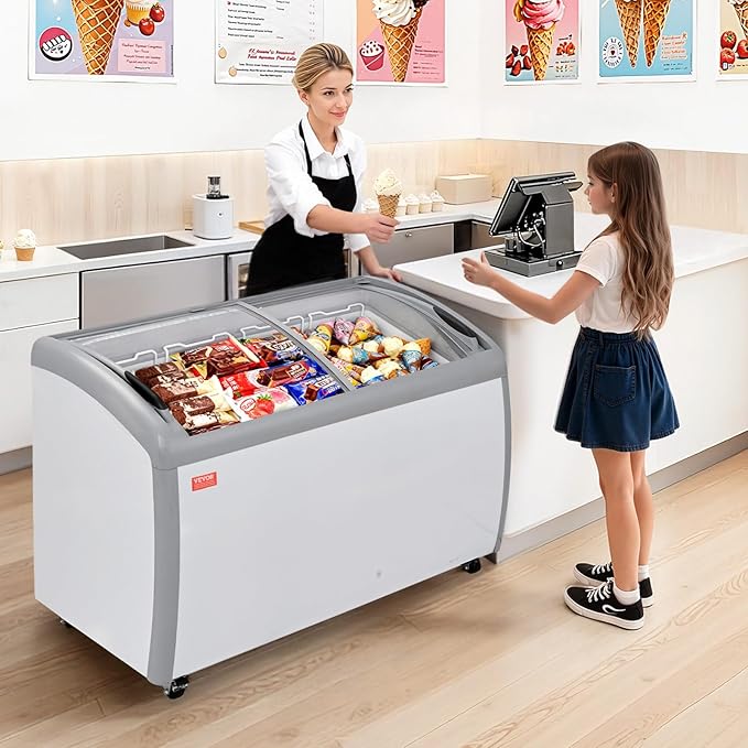 VEVOR Commercial Ice Cream Display Case, 12.8 Cu.ft Chest Freezer, -19 to 3℉ Temp Adjustable Mobile Top Deep Freezer with 4 Wire Baskets, 2 Sliding Glass Doors, Locking Casters & LED Strip Lighting