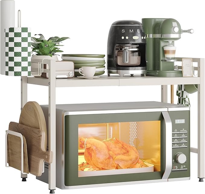 NETEL Expandable Microwave Stand,2 Tier Metal Kitchen Countertop Organizer Shelves with Paper Towel and Chopping Board Holder,Microwave Shelf,Microwave Oven Rack,55lbs Weight Capacity,White
