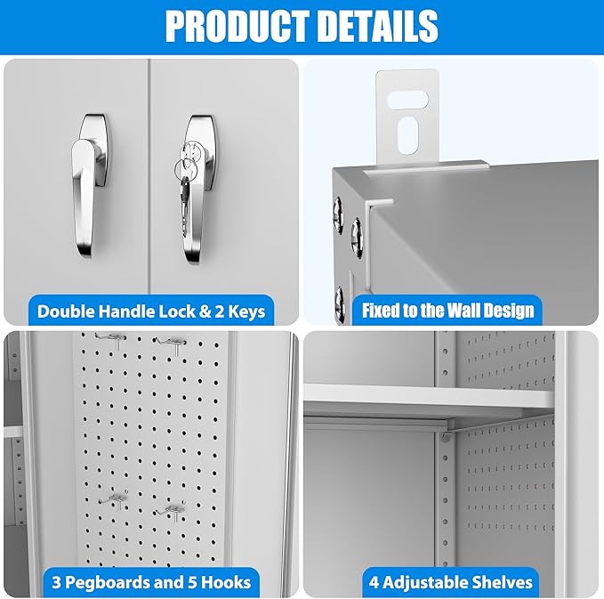 Aobabo Upgraded Wide & Deep Garage Storage Cabinet with Wheels, Metal Storage Cabinet with Door Pegboards and 2 Rod for Garage Home Storage (White, 43.3''W x 21.9''D x 72''H),Required Assembly
