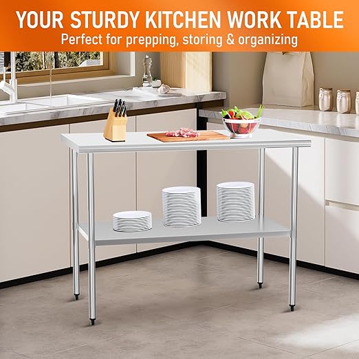 Stainless Steel Table for Food Prep & Work 24 x 48 inches Utility Table with Adjustable Undershelf, Commercial Workstation in Kitchen, Garage, Outdoor BBQ