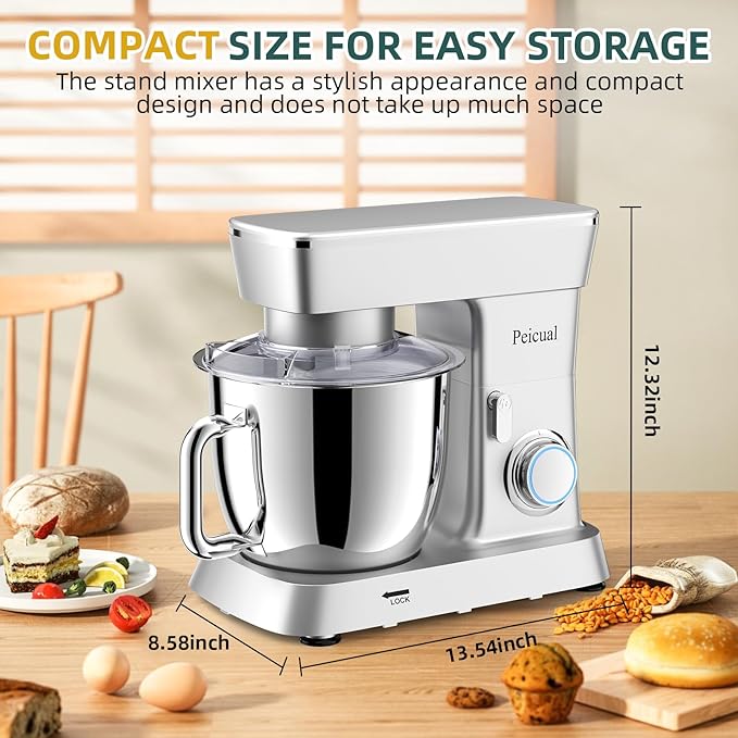 Stand Mixer, 6QT 10+P Speed Tilt-Head Kitchen Electric Mixer, Food Mixer with Stainless Steel Bowl, Dough Hook, Flat Beater, Wire Whisk, Splash Guard for Daily Use - Silver