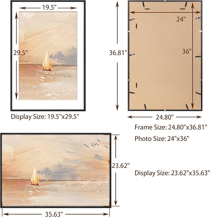 24x36 Black Picture Frame, Black Poster Frames 24 x 36, Solid Oak Wood Frames 24 x 36 Frame, 24"x36" Picture Frame with Tempered Glass, 24x36 Frames Matted to 20x30, 24 by 36 Art Frame for Home Decor