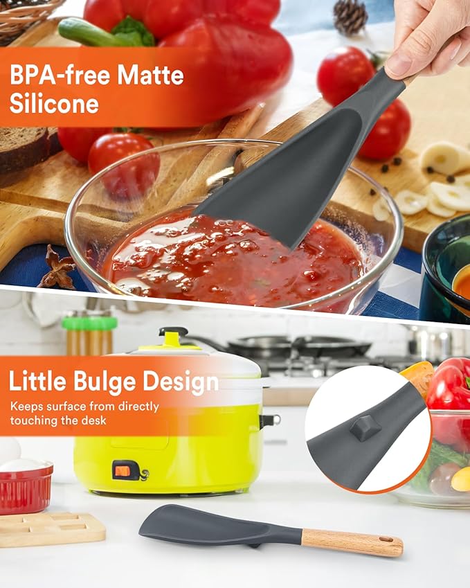 Cooking Spoon for Nonstick Cookwares, Great for Cooking and Serving Sturdy BPA-Free Matte Silicone, Wood Handle Spoon for Mixing, Scoop, and Scrape (GREY, 11.4 inch)