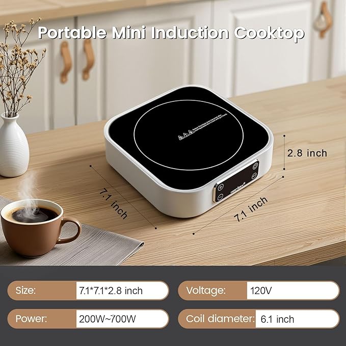 Mini Induction Cooktop 700W, 120V Portable Single Induction Burner – Compact Electric Hot Plate for Small Kitchens, Travel, RV, Camping – Quick Heat for Coffee, Tea, Flameless, Easy-Clean