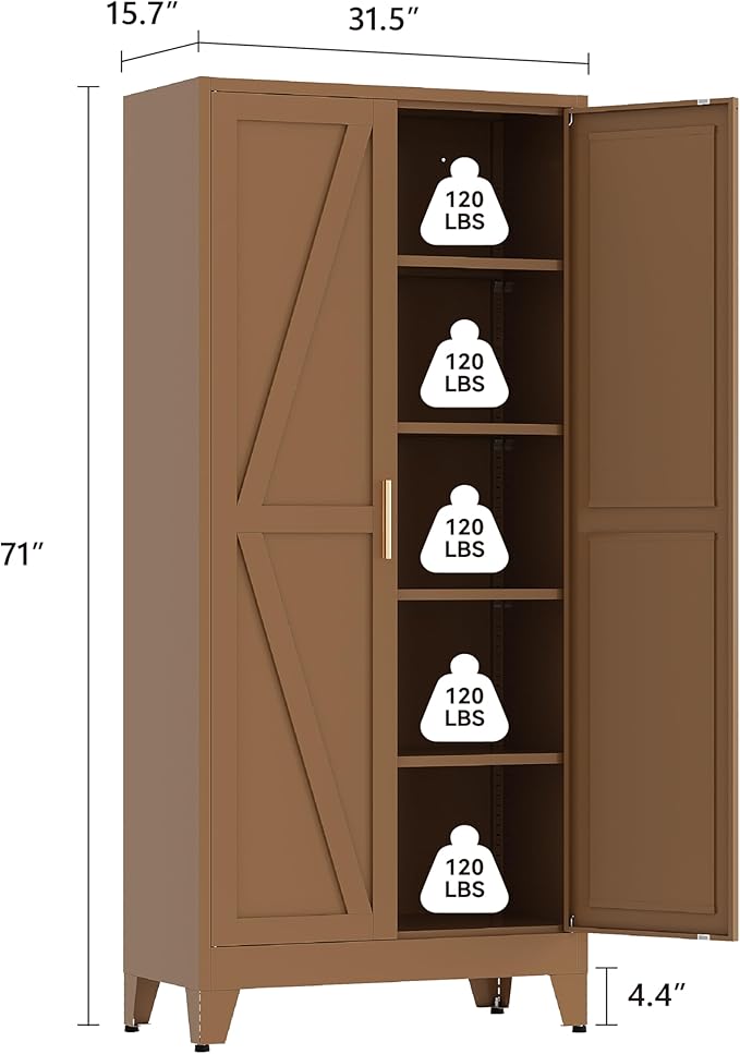 71" Tall Pantry Cabinet, White Metal Pantry Storage Cabinet, Kitchen Pantry Storage Cabinets with 2 Door and 4 Adjustable Shelves (Brown, 71" H)