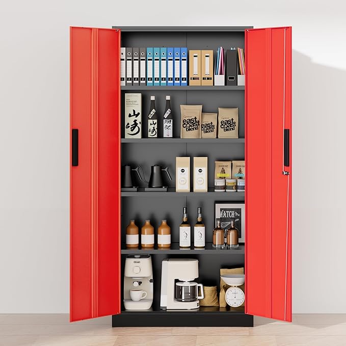 Greenvelly Metal Garage Storage Cabinet, 72" H Steel Lockable Storage Cabinet with 2 Doors and 4 Adjustable Shelves,Tall Metal Cabinet Locking File Cabinet for Office,Home, Garage, Gym, School