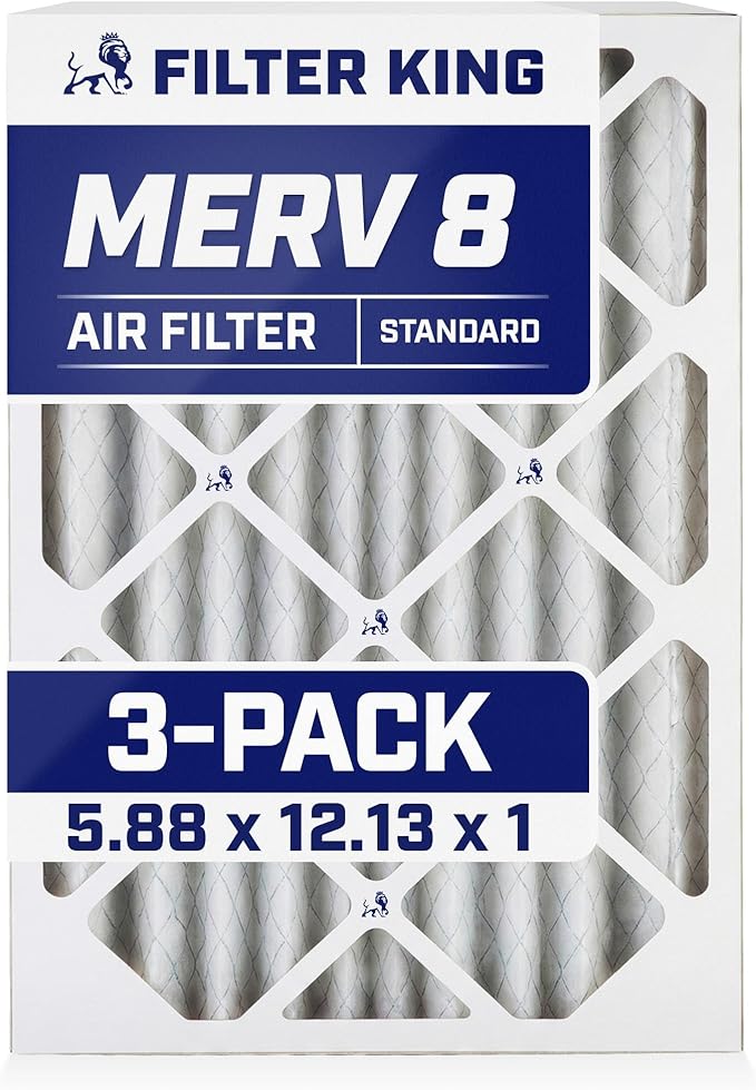 Filter King 5.88x12.13x1 Air Filter | 3-PACK | MERV 8 HVAC Pleated A/C Furnace Filters | MADE IN USA | Actual Size: 5.88 x 12.13 x .75"