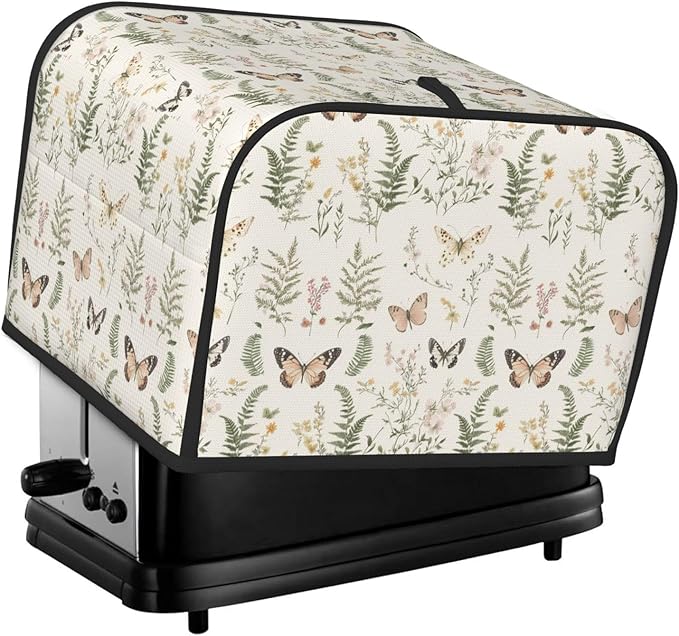 4 Slice Toaster Cover for Kitchen Botanical Wildflower Leaf Butterfly Waterproof Dustproof Toaster Dust Cover with Side Pockets Decorative Universal Cover for Wide Slot Toasters Small Appliances