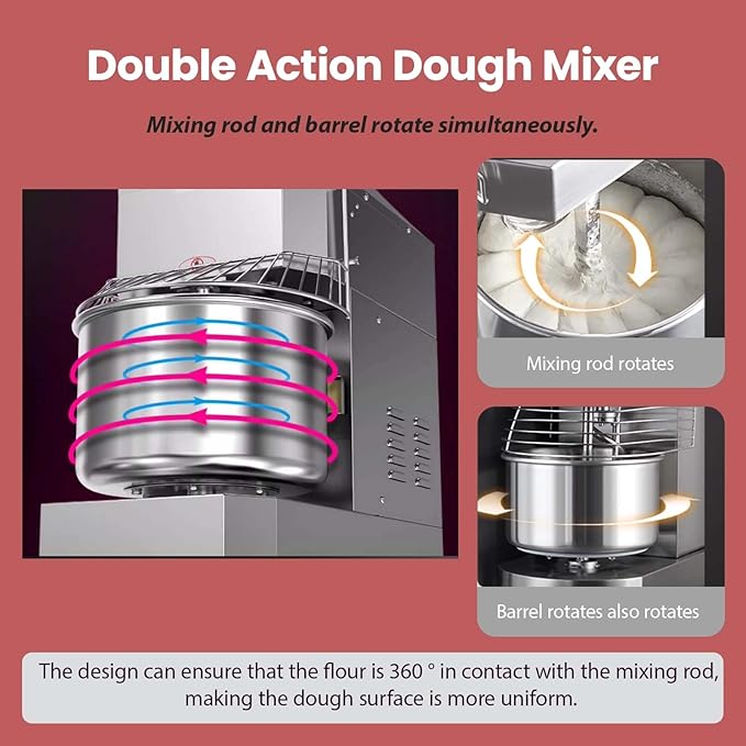 30QT Commercial Stand Dough Mixer Double Action Fast and Slow Speed Spiral Electric Flour Mixing Machine for Professional Bread Making Kneading Machine with Speed Time Control 30L 1500W