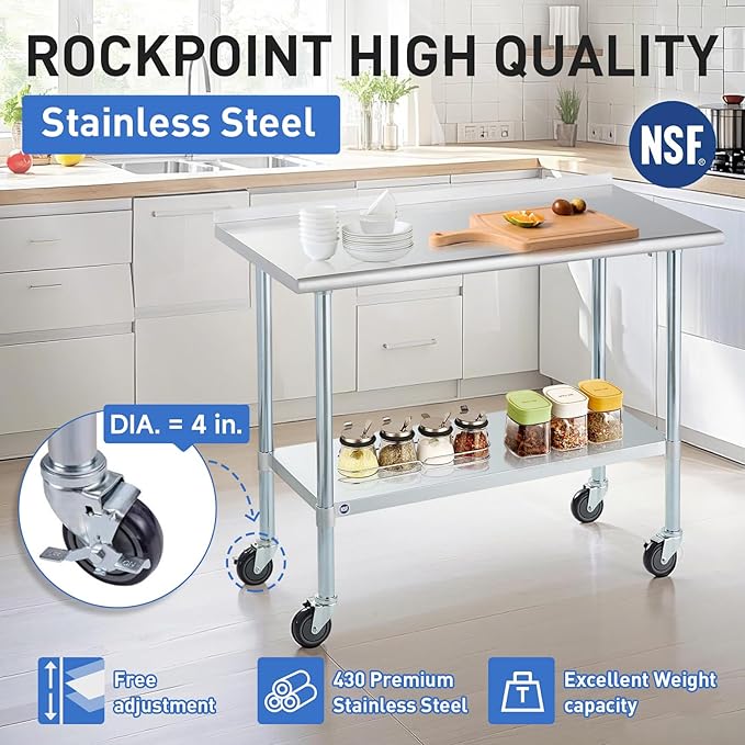 Stainless Steel Table for Prep & Work with Backsplash & Caster 24x30 Inches, NSF Commercial Kitchen Heavy Duty Table with Adjustable Under Shelf for Restaurant, Home and Hotel