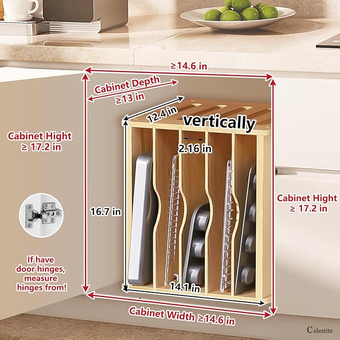 celestite Wooden Tray Dividers for Cabinets, Cookie Sheet Organizer for Cabinet, Baking Sheet Pan Organizer for Kitchen Organizers and Storage (6 Tier 12.4" Wx14.1 Hx16.7 D)