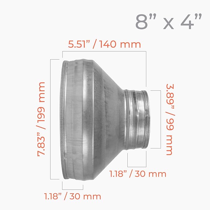 8" to 4" Inch Round Duct Reducer - Male Fit Galvanized Steel Pipe Increaser - Coupling for Round Duct Ventilation Systems - Heating & Cooling, HVAC