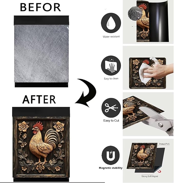Rustic Farmhouse Rooster Dishwasher Magnet Cover,Vintage Rooster Wood Floral Magnetic Dishwasher Cover Vinyl Sticker,Fridge Door Cover Magnets Art Skin Panel Decal,Home Decor Decal,23"X26"