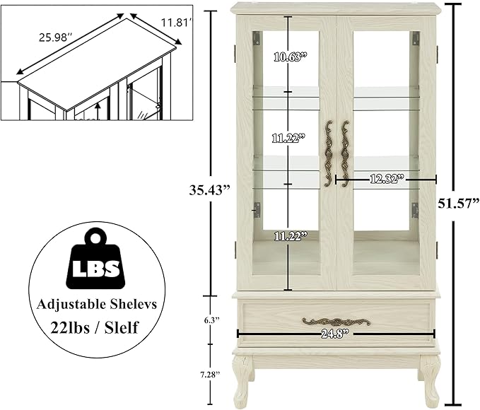 51" H Lighted Curio Cabinet Display Case, Glass Curio Cabinet with Adjustable Shelves,Tempered Glass Door and Drawer, Wooden Cabinets w/Mirrored Back Pane for Living Room (Antique White)