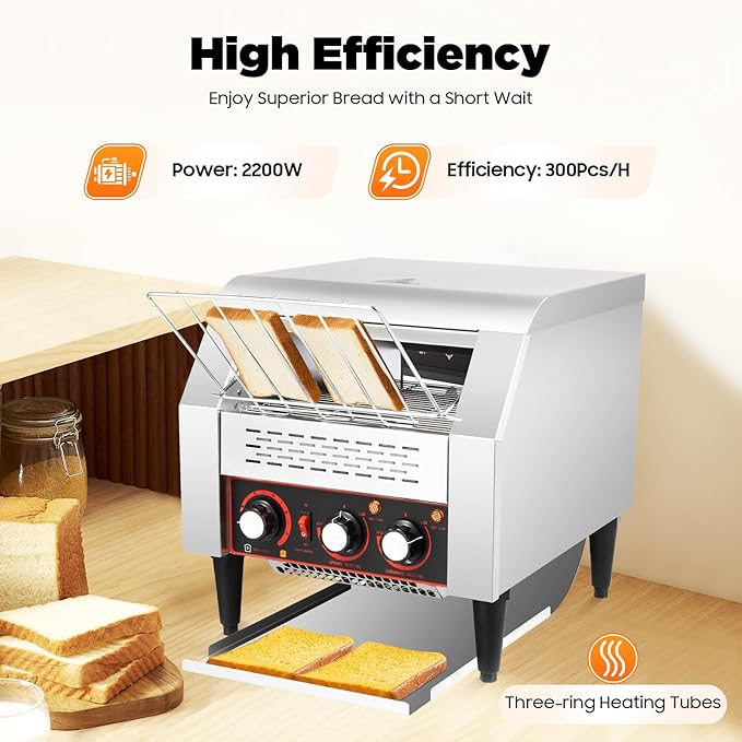 Commercial Conveyor Toaster-300 Slices/Hour, 2200W Stainless Steel Toasters with Double Heating Tubes & Adjustable Speed, Toaster Ovens Countertop for Raditional White Slices, Wheat Bagel Halves
