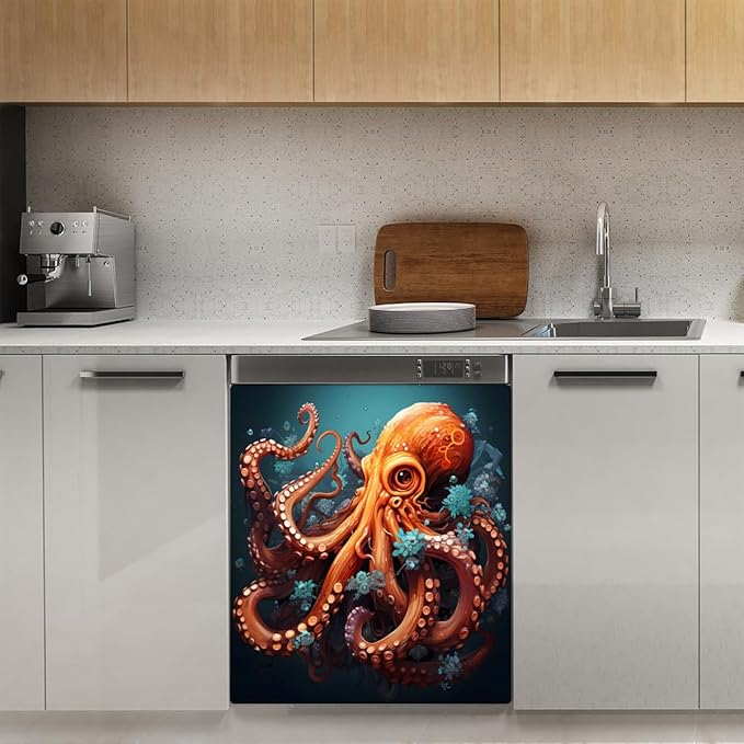 Dishwasher Magnet Cover Ocean Sea Octopus Reusable Dishwasher Magnetic Cover Sticker Decorative Dish Washer Door Cover Panel for Home Kitcen Appliance