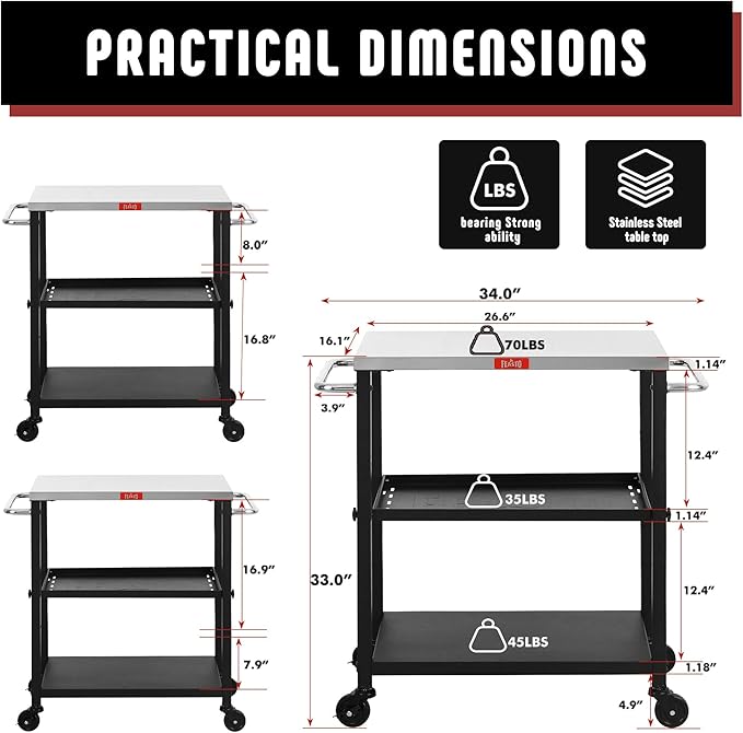 3-Shelf Grill Table, Pizza Oven Stand with Shelf, Movable Pizza Oven Grill Cart, Grill for Outside, Outdoor Bar Cart with Wheels, Stainless Steel top, L26.6xW16.1 Tabletop