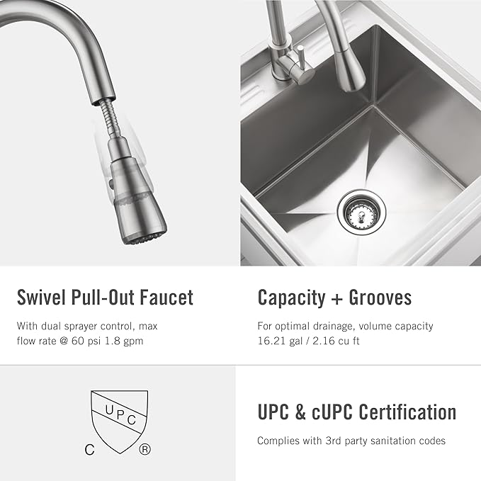 TRINITY THAPWH-0327 Stainless Steel Freestanding Single Bowl Utility Sink for Garage, Laundry Room, Commercial Use, Includes Pull-Out Faucet, NSF, UPC and cUPC Certified, 21.5" x 22" x 49.2", White