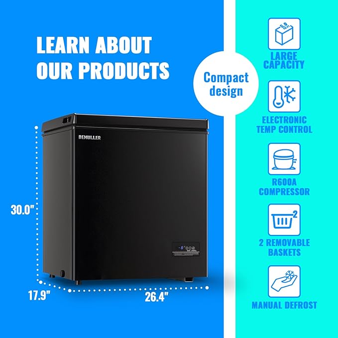 Large Capacity Chest Freezer Mini Deep Freezers (Down to -11.2 ℉) with TWO Removable Baskets Freestanding Black Compact Size for Home Kitchen Office Apt
