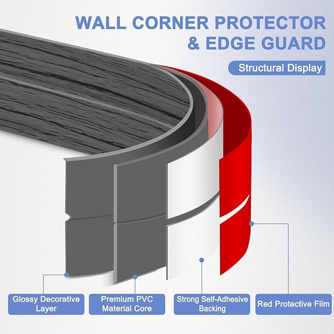 Wall Corner Protector Moulding Trim Peel and Stick Wall Corner Guards Trim Flexible Self Adhesive Edge Protector Moulding, 1.6 in x 20 Ft, Deep Gray Wood