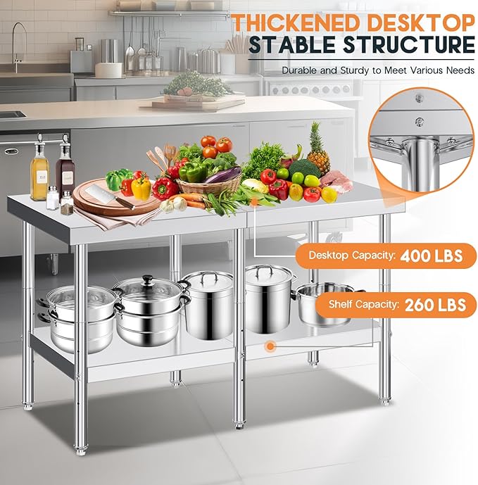Jocisland 30" x 60" Stainless Steel Table for Prep & Work Adjustable Under Shelf and Feet, for Commercial Kitchen, Restaurant, Hotel and Garage