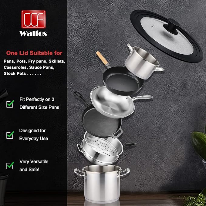 Universal Lid for Pots, Pans and Skillets - Tempered Glass with Heat Resistant Silicone Rim, Fits 11", 12" and 12.5" Diameter Cookware