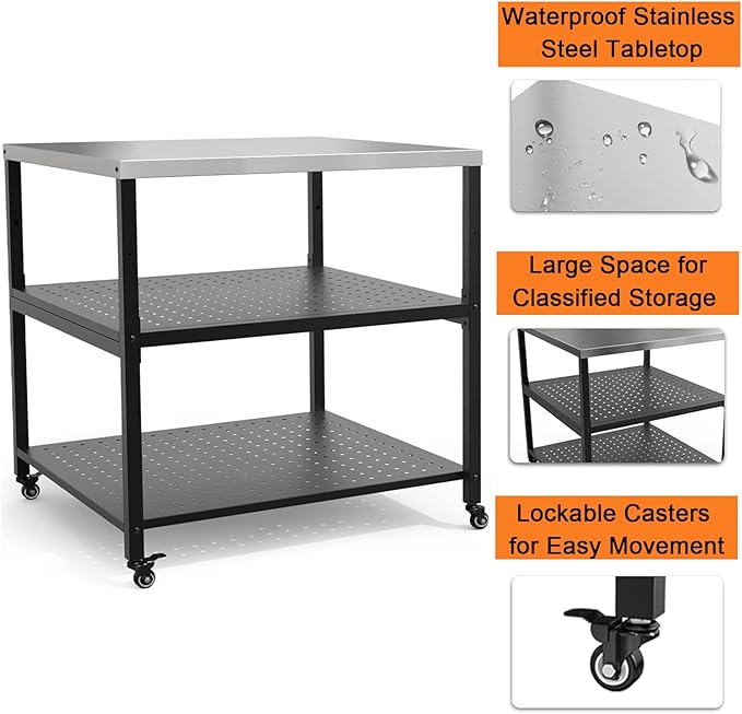 Mimiuo Grill Cart Pizza Oven Stand for Most Pizza Oven 31.5 x 31.5 x 33 inch, Large Stainless Steel Modular Table for Indoor Outdoor, Movable Food Prep Dining Trolley for Kitchen Patio Backyard