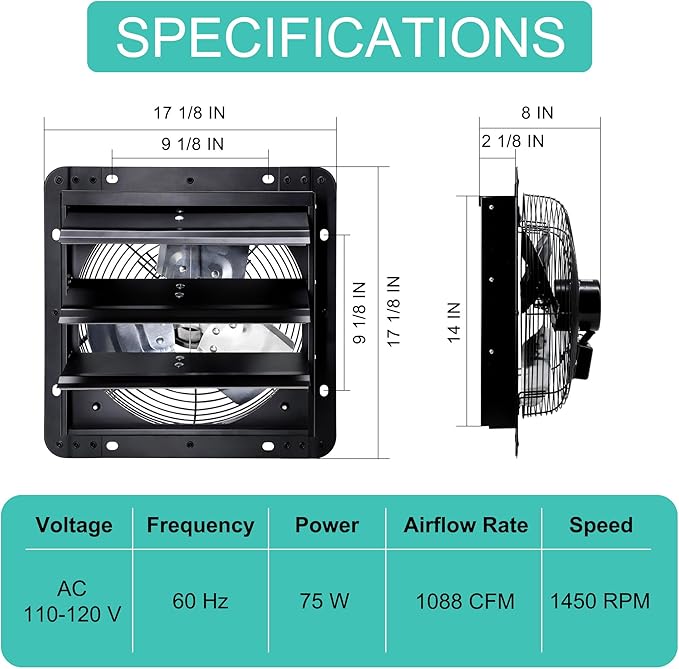 14 Inch Wall Mounted Shutter Exhaust Fan with Thermostat and Speed Controller for Attic, Greenhouse, Shed, Garage, Chicken Coop, Shop, Barn Ventilation, 1088 CFM High Power Louvered Vent Fan