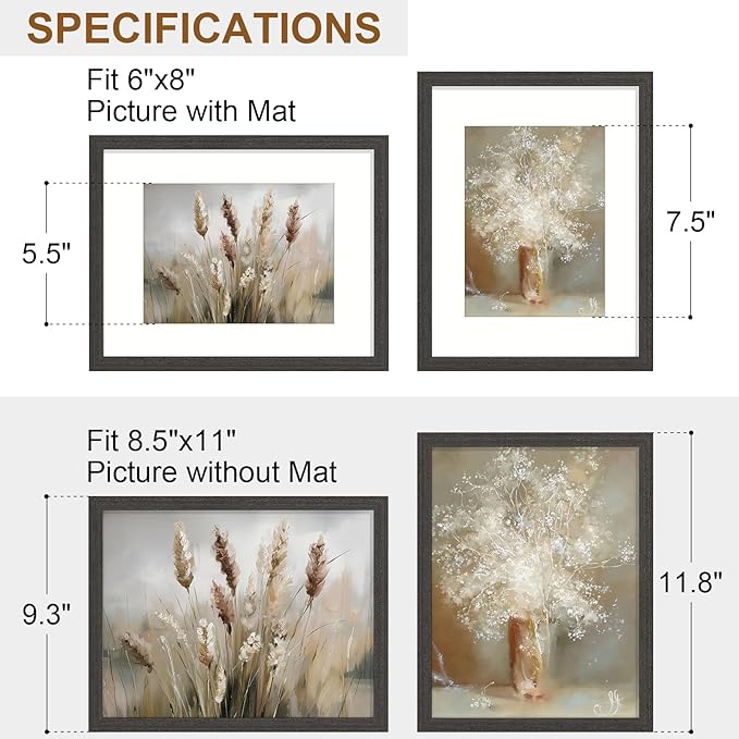 Vittanly 8.5x11 Picture Frame Set of 2, Solid Wood Frame for Wall or Tabletop, Display Photo 6x8 with Mat or 8.5x11 without Mat, Black