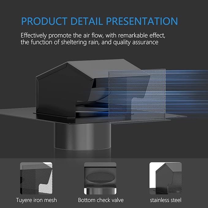 Hon&Guan 10 Inch Roof Exhaust Vent Cap - Heavy Duty Galvanized Steel Roof Vents for Houses, with Damper, for Home Ventilation System - Black