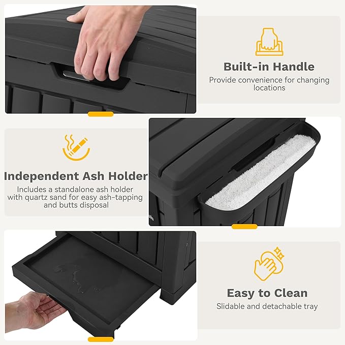 DWVO 38 Gallon Outdoor Trash Can, Resin Garbage Bin with Lid, Includes 2 Sorting Labels, Ash Holder, Stakes & Suction Cups, Hideaway Storage for Patio Backyard Garden, Black