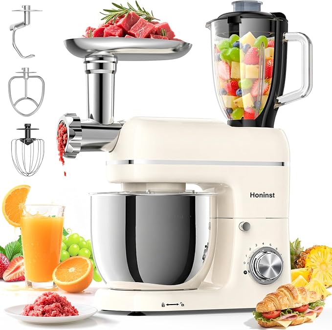 Stand Mixer, 7-IN-1 6.5QT 660W Multifunctional Electric Kitchen Mixers with Blender, Meat Grinder, Dough Hook, Whisk and Beater, 8-Speed Food Mixer for Baking, Cooking, Food Processing, Beige